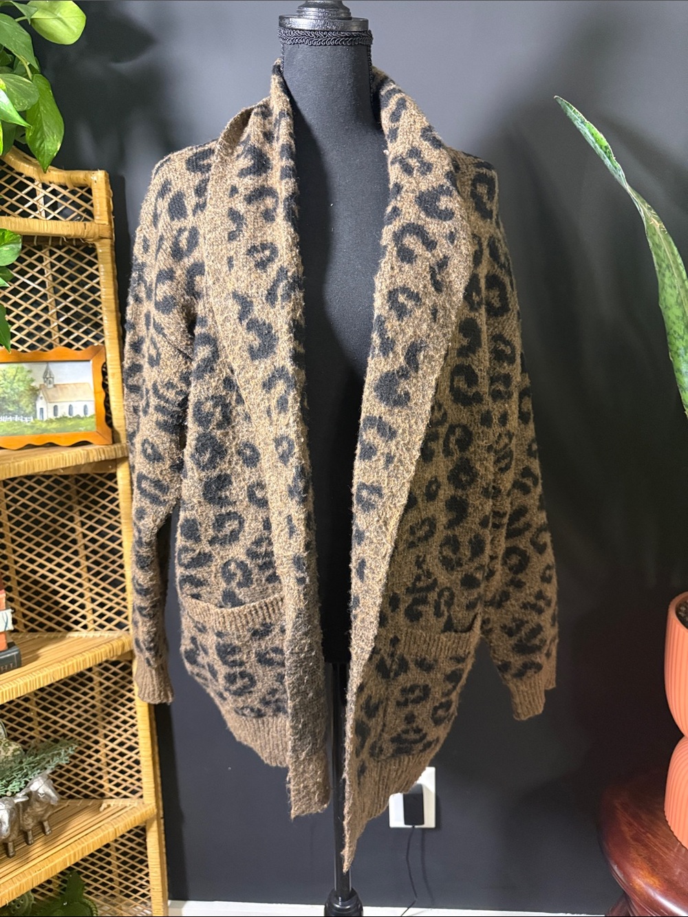 Time and Tru Brown and Black Leopard Print Open Cardigan